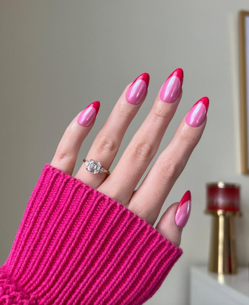 Cute Pink Chrome Nails With Red French Tips