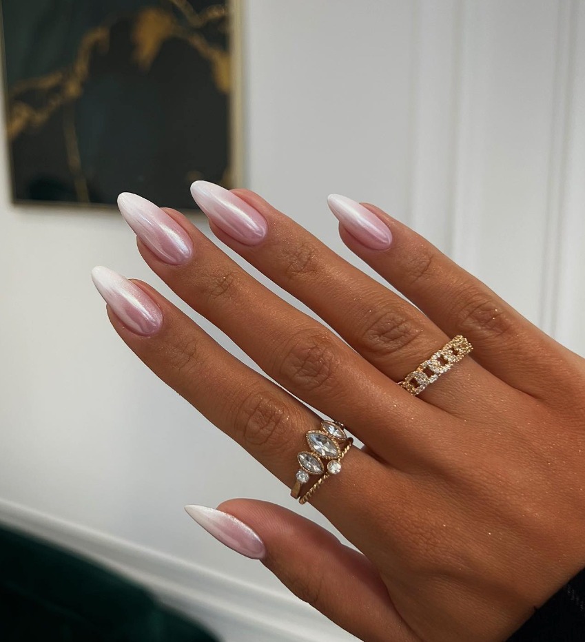 Ombre White + Pink Chrome Nail Designs