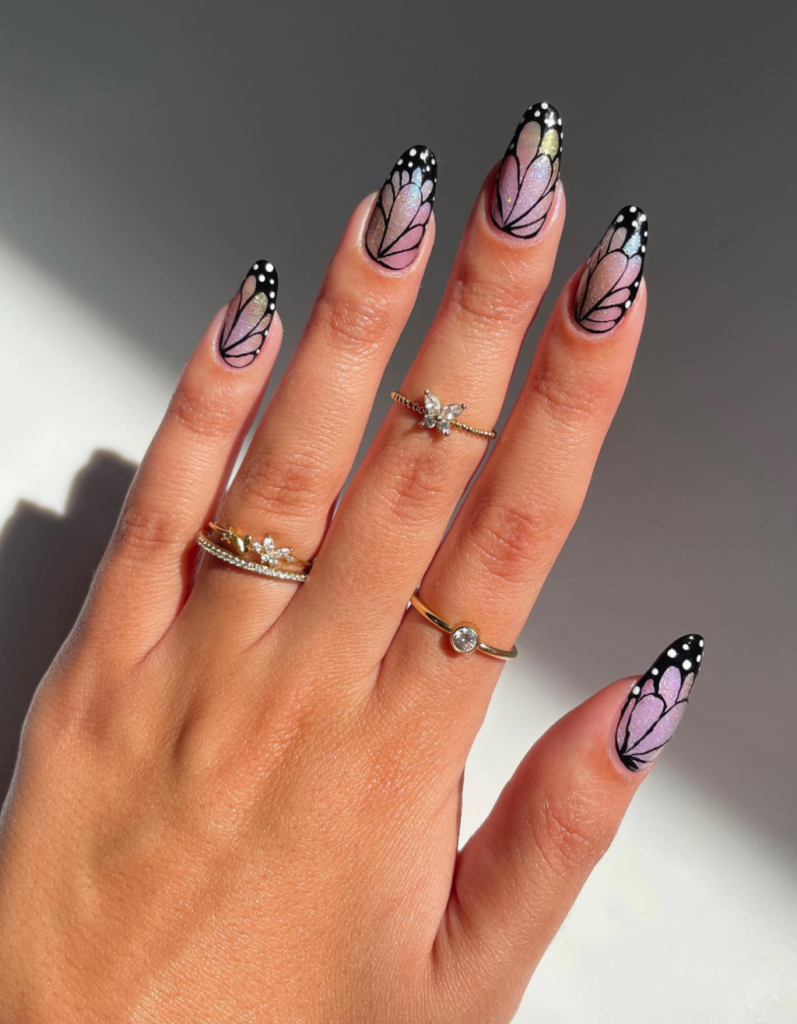 Black Butterfly-Inspired Chrome Nail Art