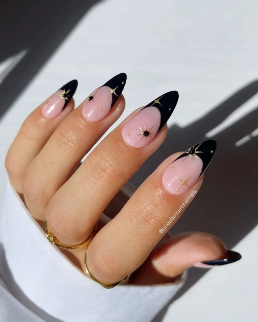 Celestial Black + Gold Chrome Nail Art