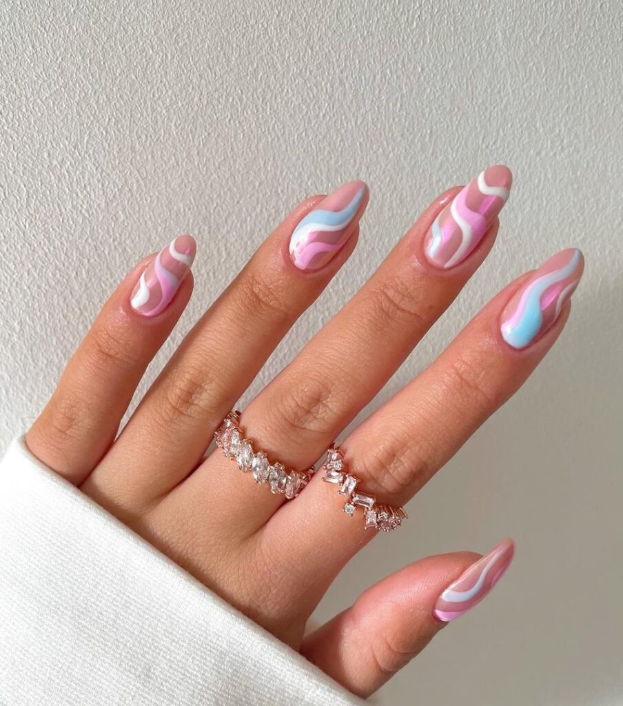 Wavy Pink + Blue Chrome Nail Art