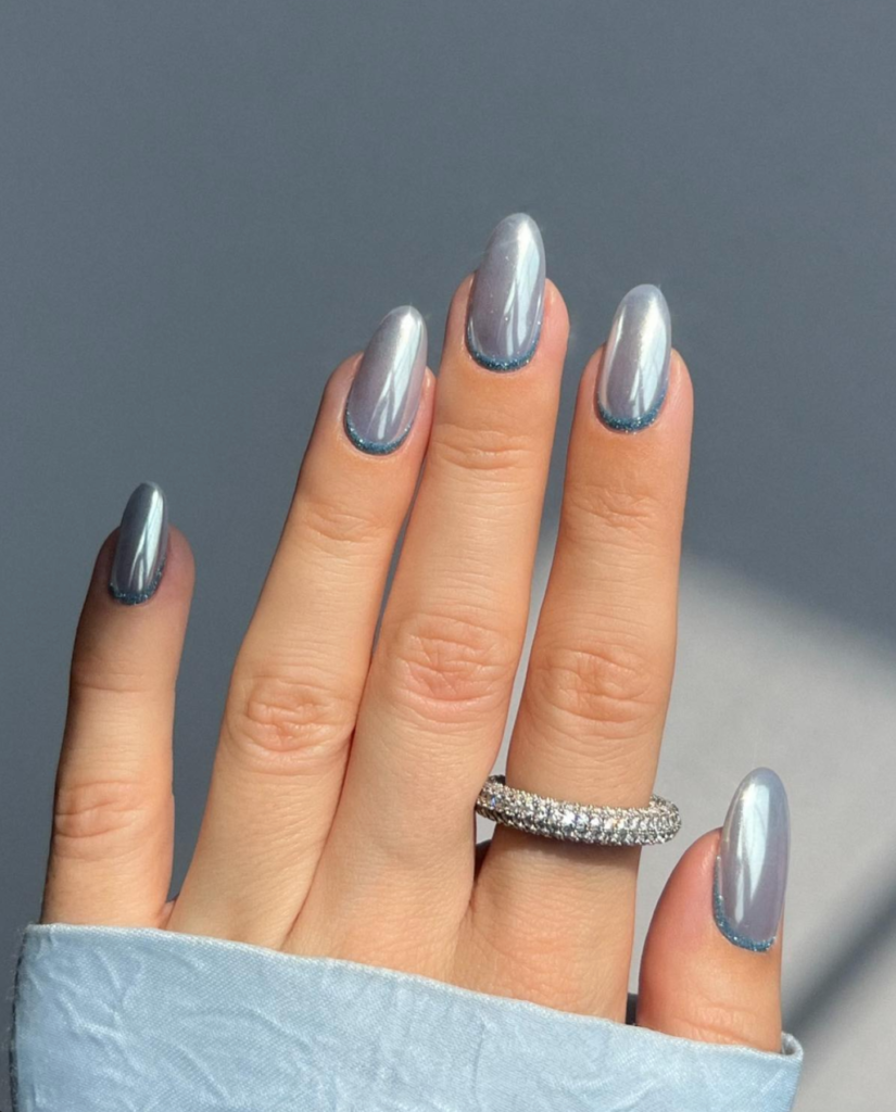 Icy Light Blue Chrome Nails