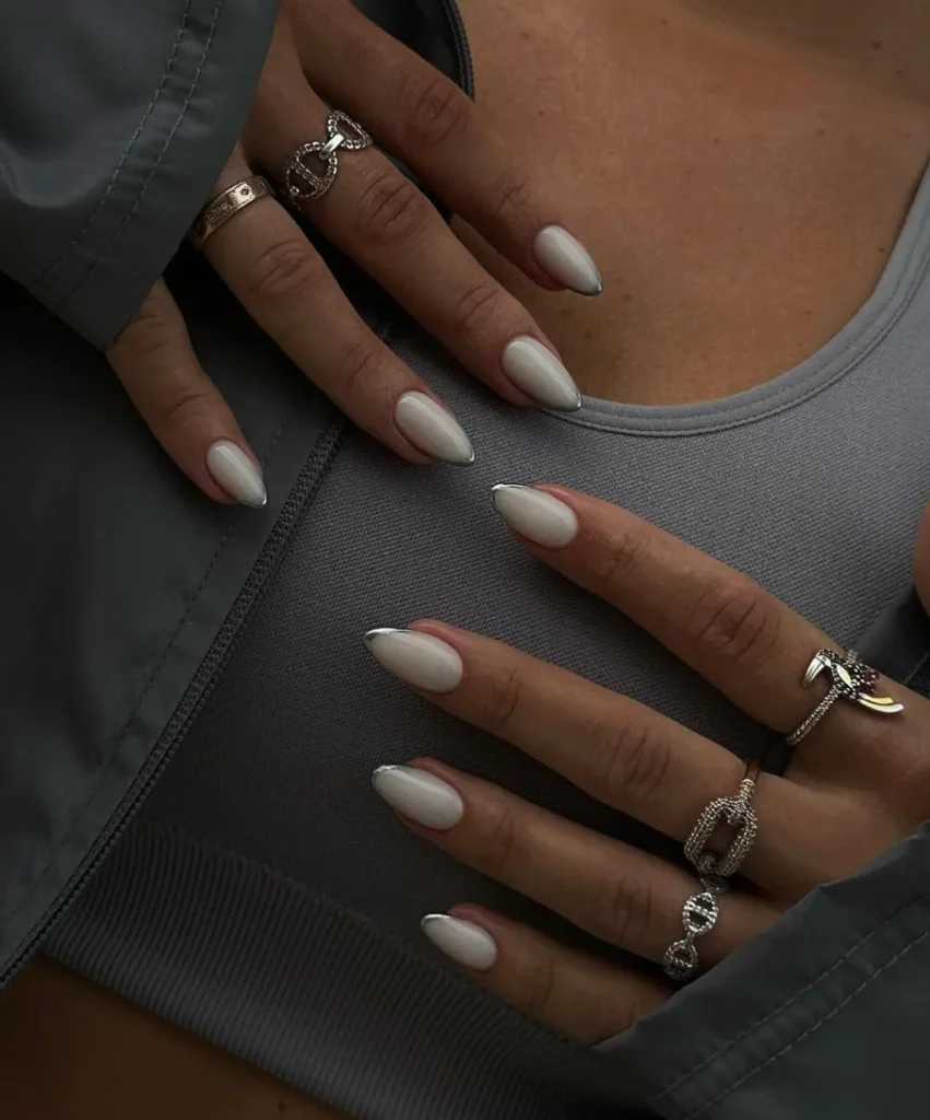 Milky White + Silver French Manicure