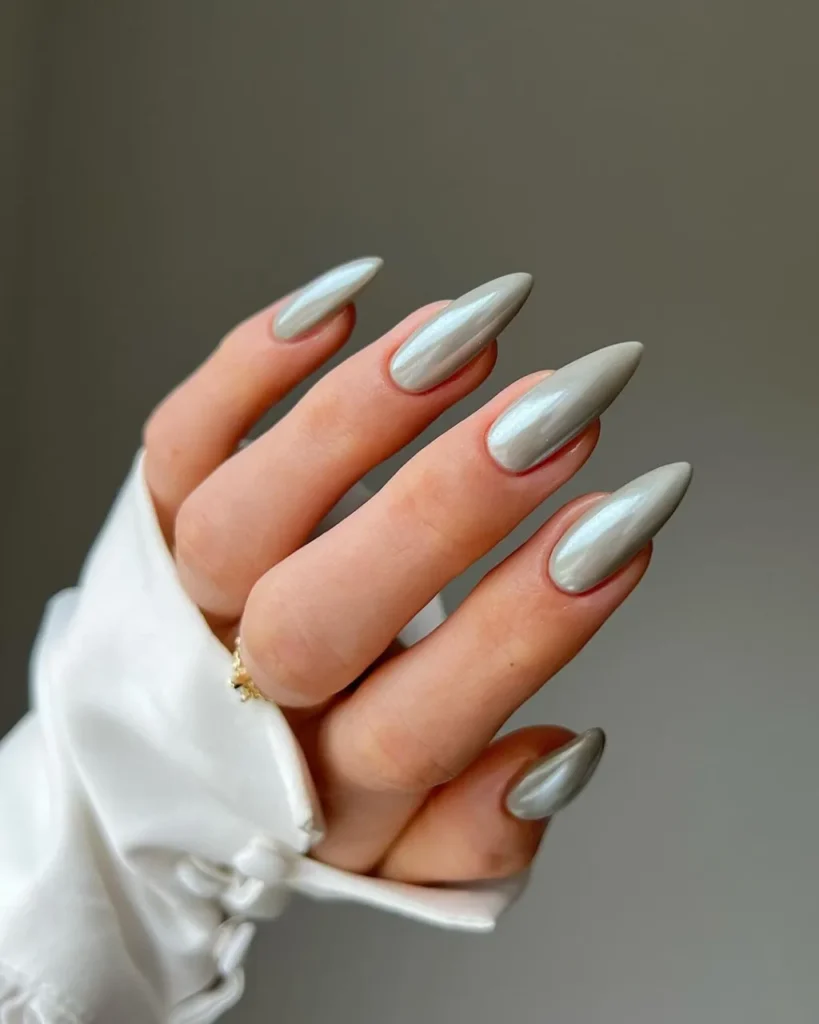 Cloudy Silver Chrome Nail Design