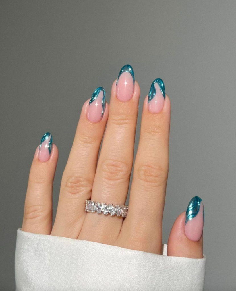 Mermaid Blue Wave Chrome Nail Art