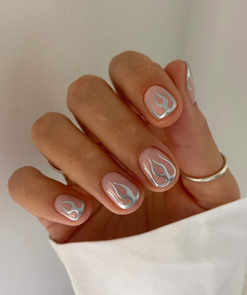 Silver Flames Chrome Nail Art Design