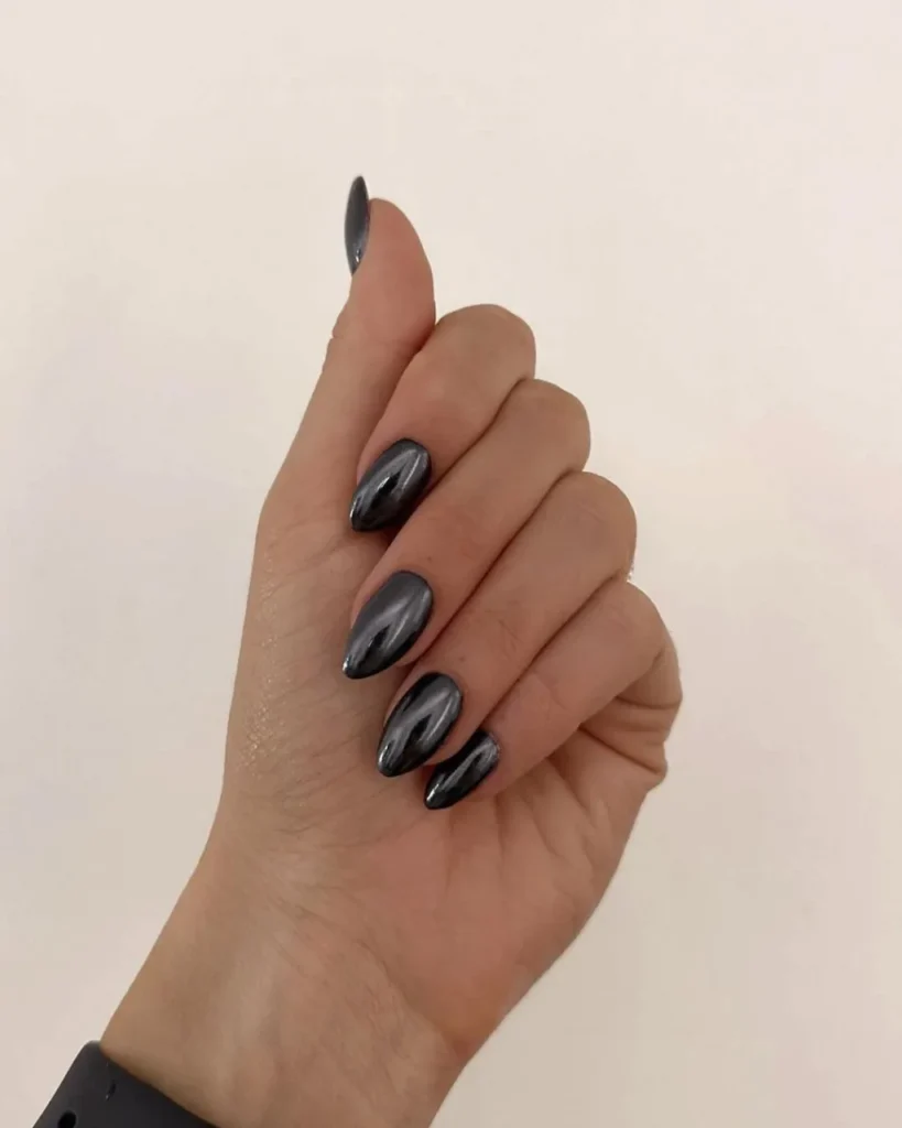 simple-almond-shaped-black-chrome-nails