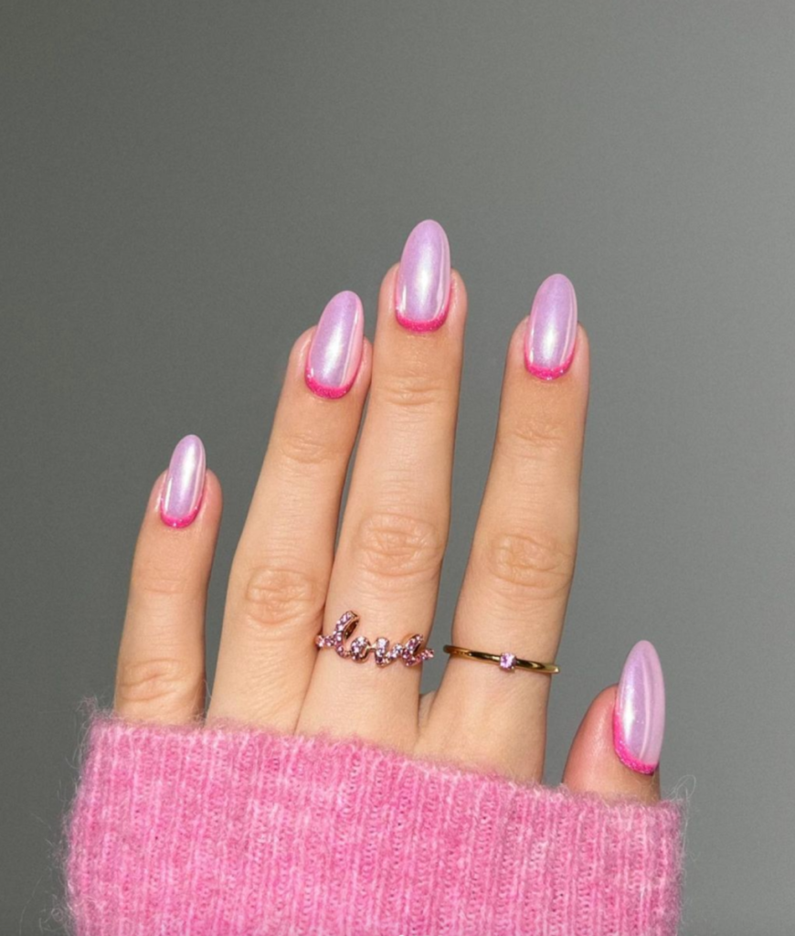 Shimmery Light Pink + Hot Pink Chrome Nails