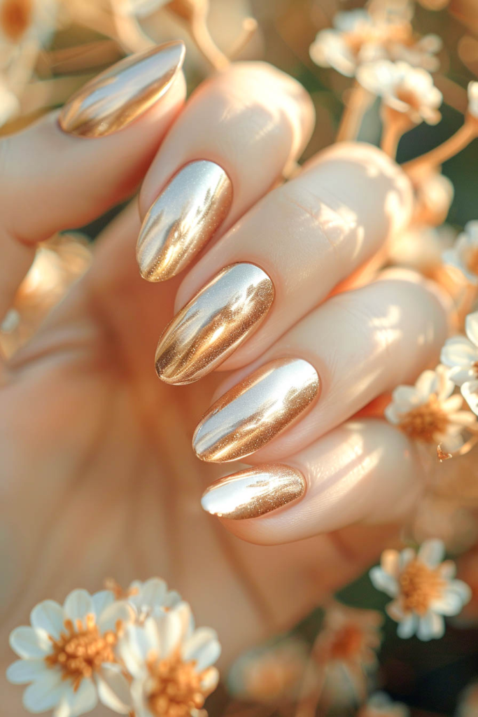 Elegant Golden Sunset Chrome Nail Art