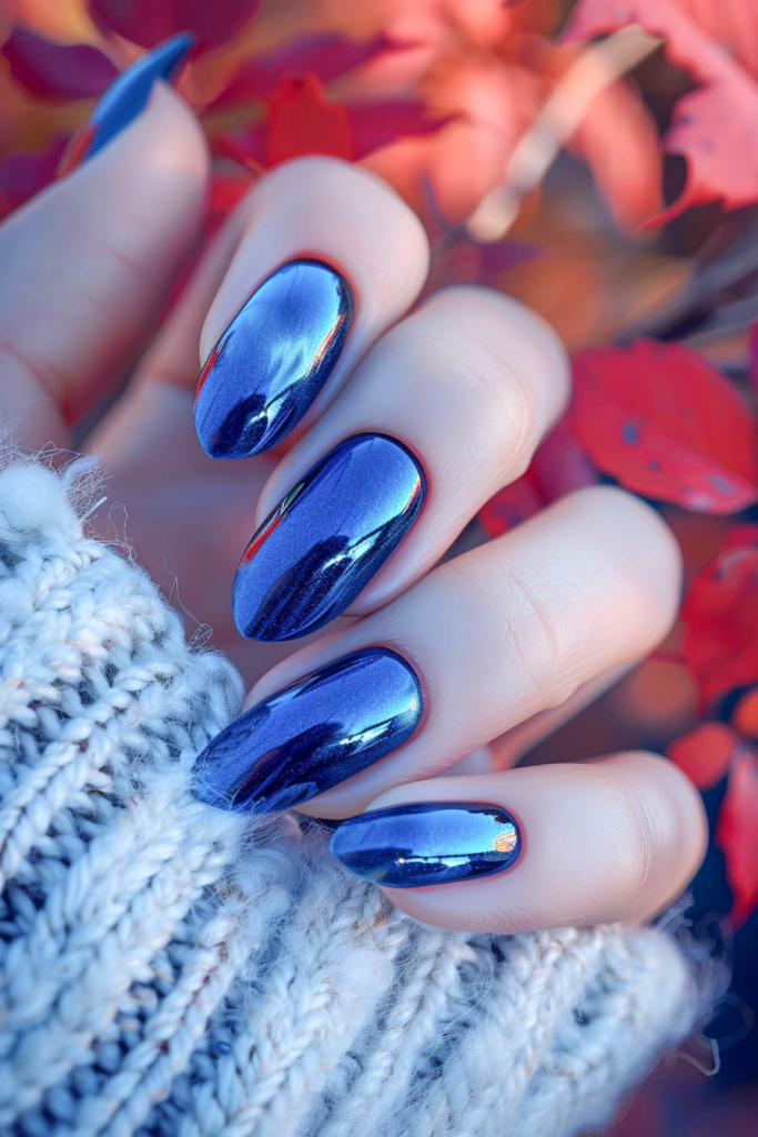 Enchanting Midnight Blue Chrome Nail Art