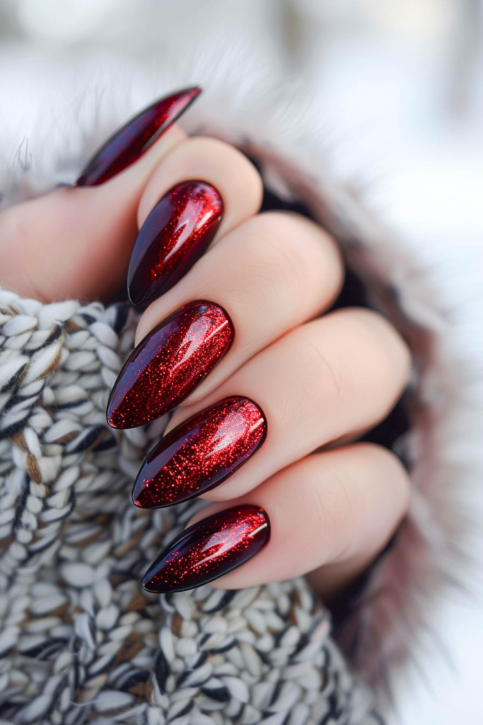 Glittering Crimson Chrome Nails