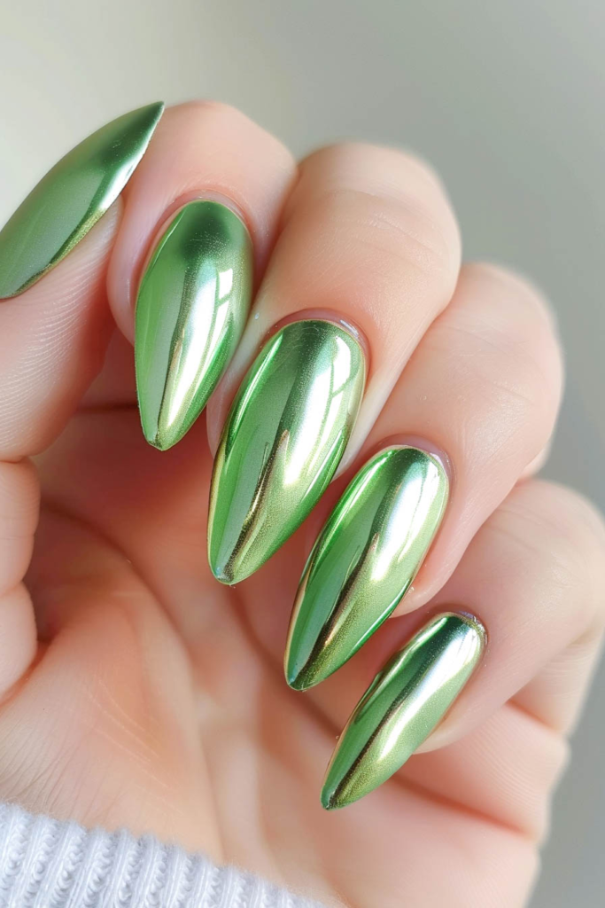 Shimmering Green Chrome Nails