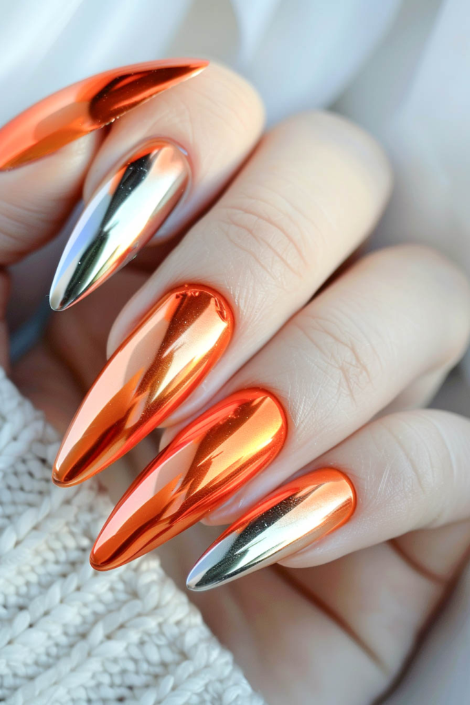 Fiery Orange and Silver Chrome Nails