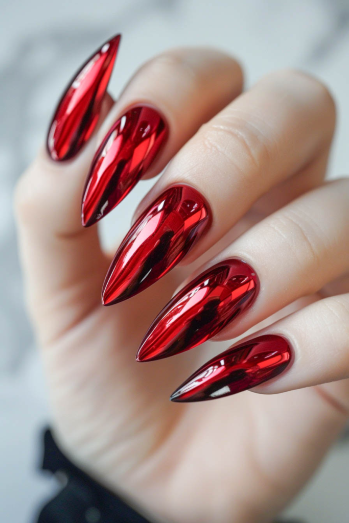 Fiery Red Chrome Stiletto Nails