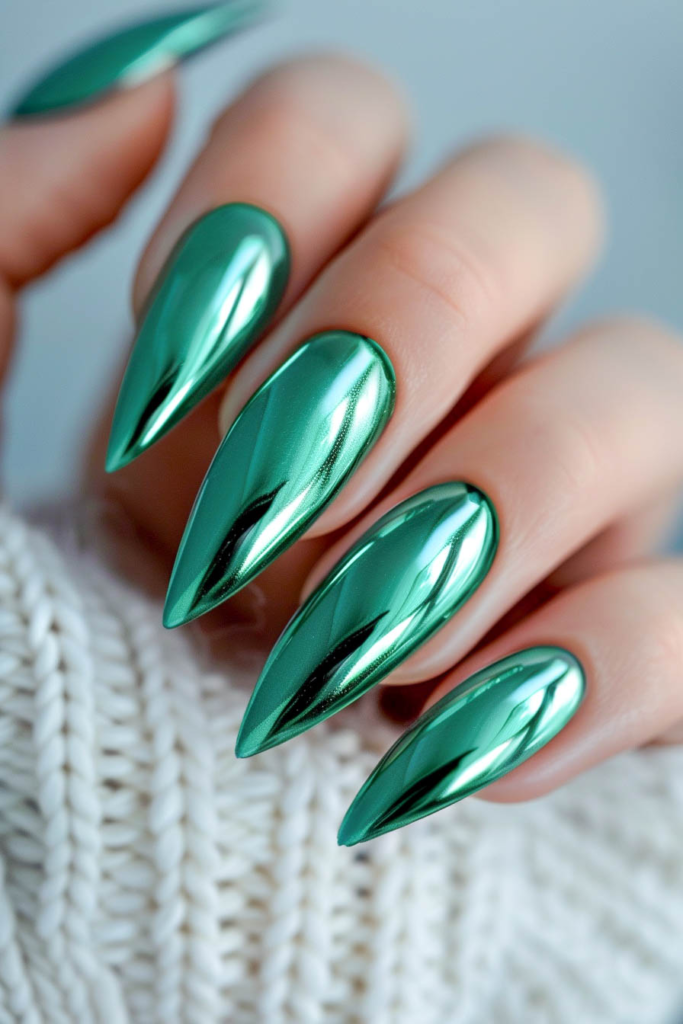 Emerald Green Chrome Stiletto Nails