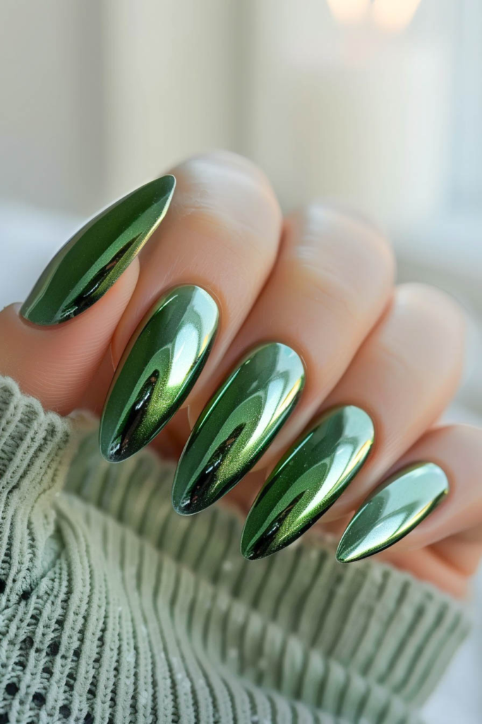 Forest Green Chrome Almond Nails