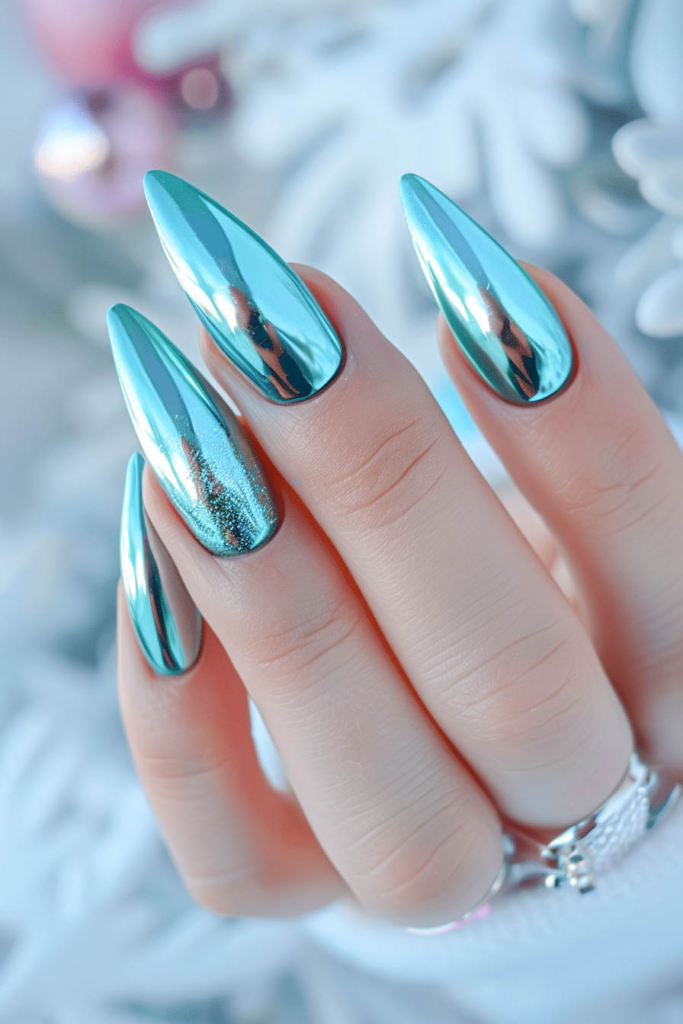 Icy Blue Chrome Nails with Silver Accent