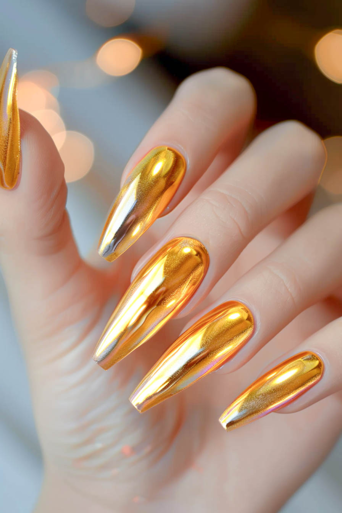 Golden Glow Chrome Nails