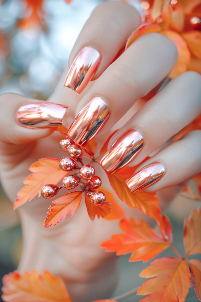 Vibrant Copper Chrome Nail Art