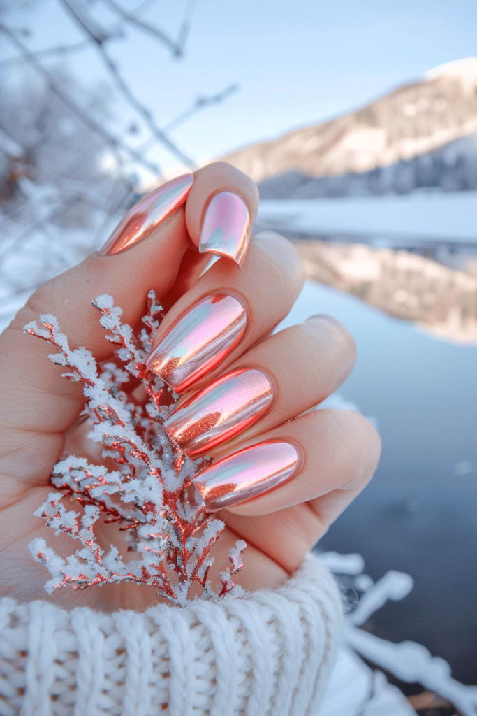 Iridescent Rose Chrome Nail Art