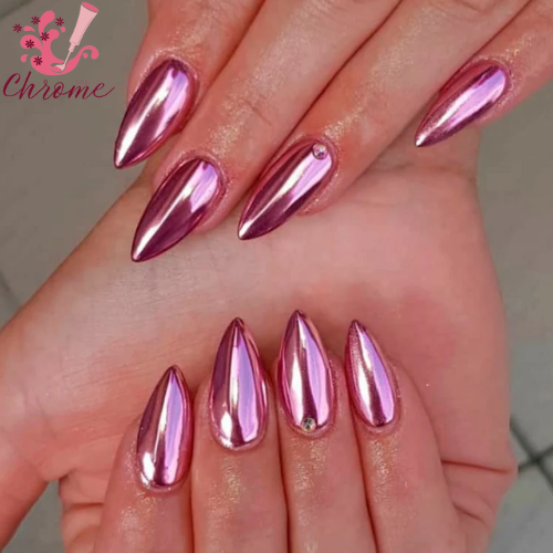 Almond Light Pink Chrome Nails