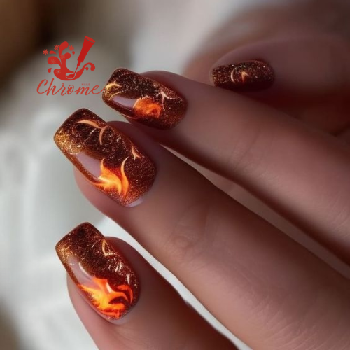 Fire Flames Red Chrome Nails