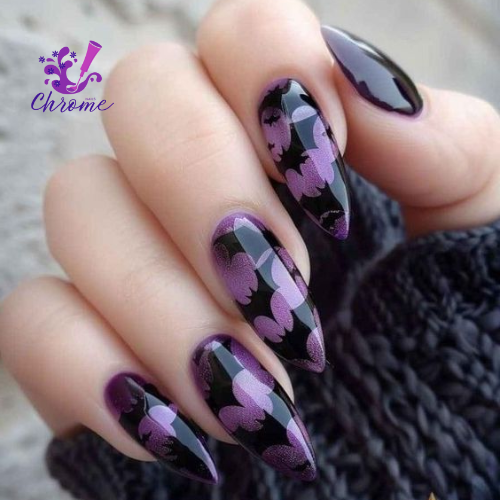 Light Purple Nails With Black Bats