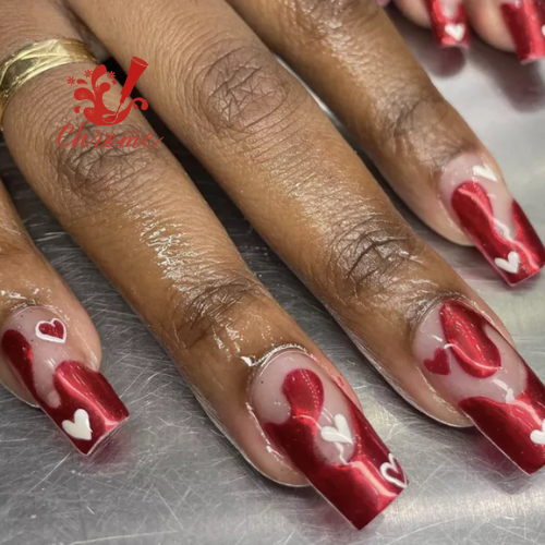 Hearts on Fire Red Chrome Nails