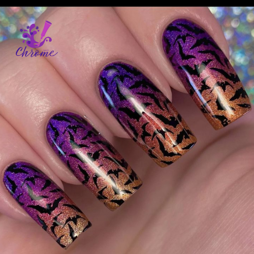 Purple and Orange Halloween Theme Nails