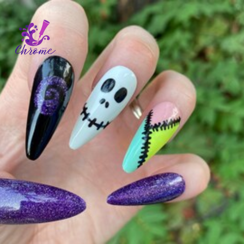 Purple Long Nails With a Jack Skellington Theme