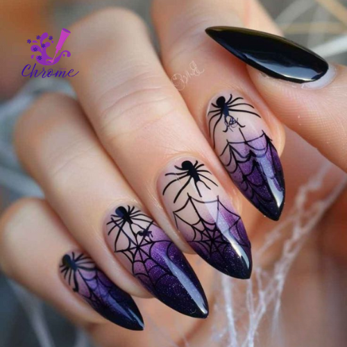 Halloween Light Purple Nails with Black Spiders Designs