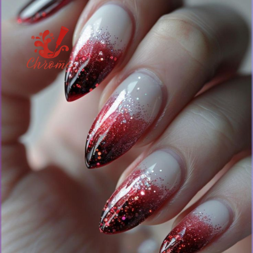 Red Chrome and Silver Glitter Tips