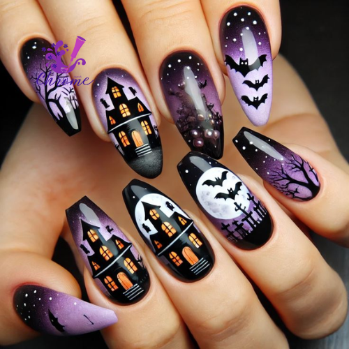 Beautiful Black and Purple Halloween Nails Designs 