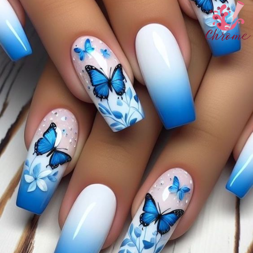 Blue and White Porcelain Nails with White Chrome