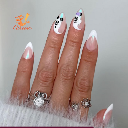 Mickey and Minnie Ghost Pearl Chrome Nails