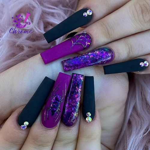 Purple Spiders and Rhinestones Halloween Nails