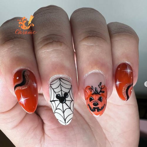 Pumpkin and Spiderweb Disney Nails