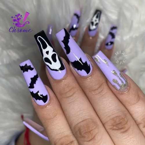 Purple Halloween Nails With Ghostface Design