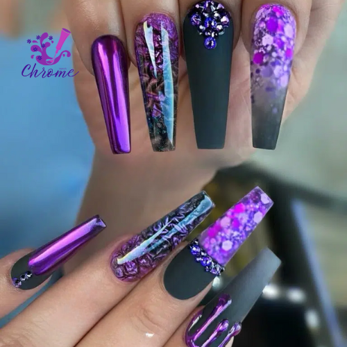 Sparkling Purple & Black Coffin Nails with Rhinestones