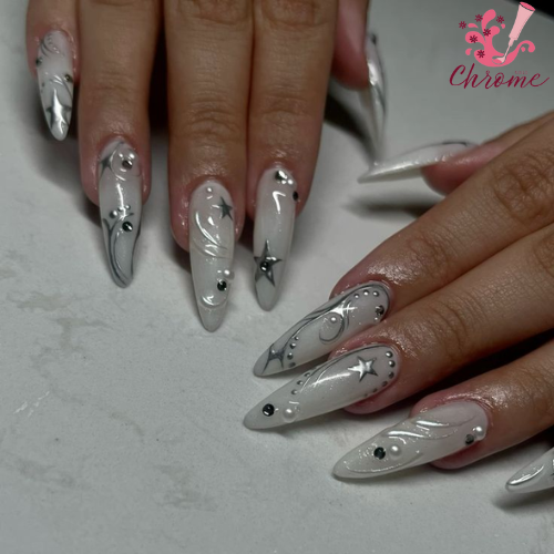 Frozen 3D White Chrome Nails