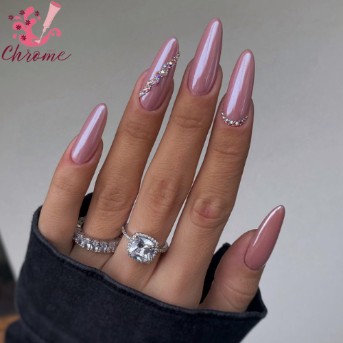 Light Pink Chrome Nails with Rhinestones