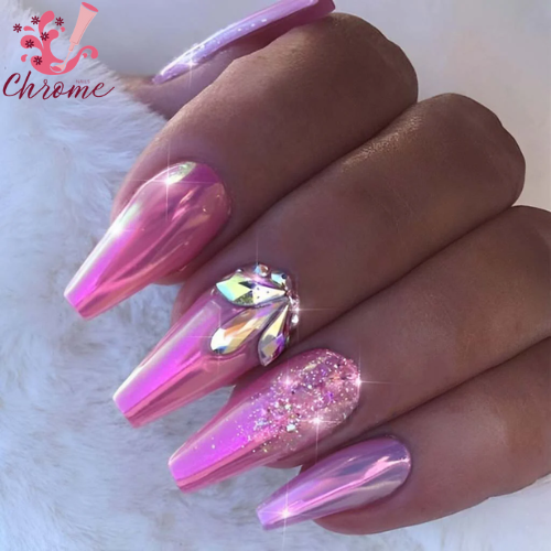 4. Light Pink Chrome Nails with Glitter