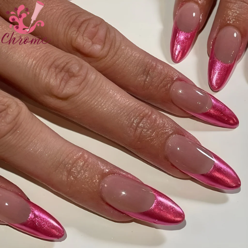 Light Pink Chrome Nails with Metallic Tips