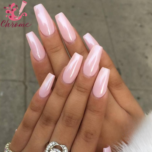 Coffin Light Pink Chrome Nails