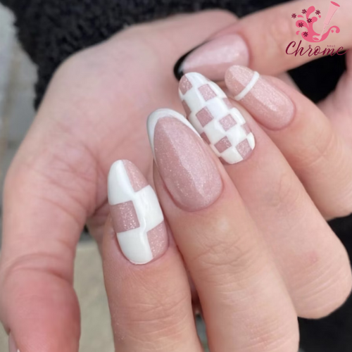 Chequerboard Negative Space White Chrome Nails