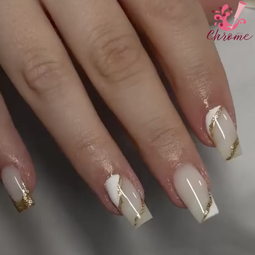 White and Gold Wedding Nails with Chrome Highlights