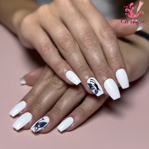 Butterfly Nail Art with White Chrome Accents