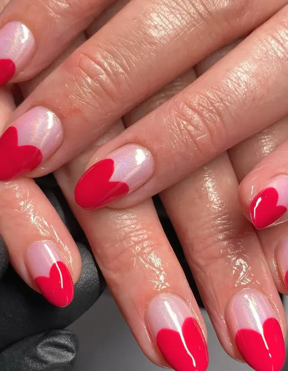 Strawberry glazed donut chrome nails with half hearts
