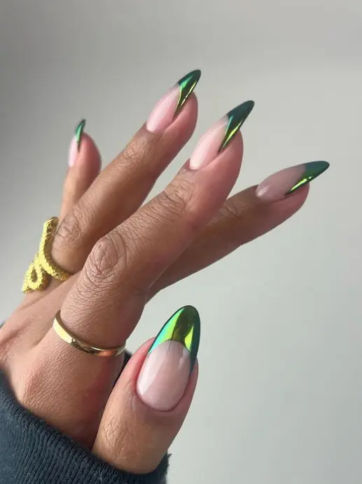 Jade green chrome French tip nails
