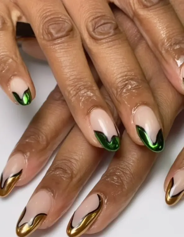 Green and gold melting French tip chrome nails
